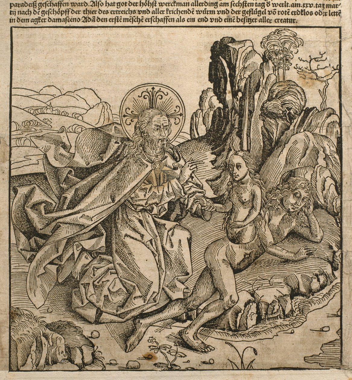God de Vader die Eva creëert uit Adams rib, illustratie uit de 