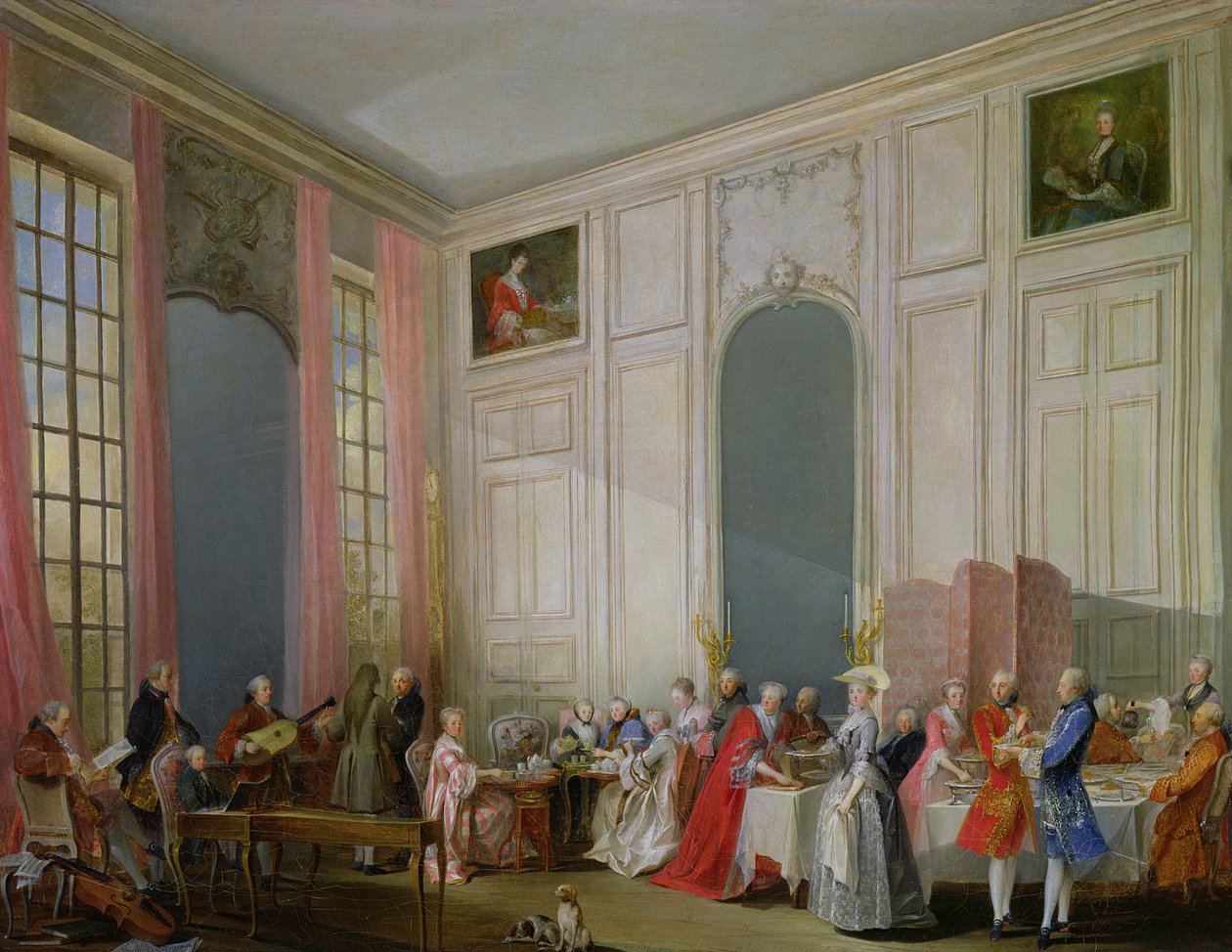 De Engelse thee en een societyconcert in het huis van de prinses de Conti, Palais du Temple, Parijs met de jonge Mozart aan het klavecimbel, 1766 door Michel Barthelemy Ollivier or Olivier