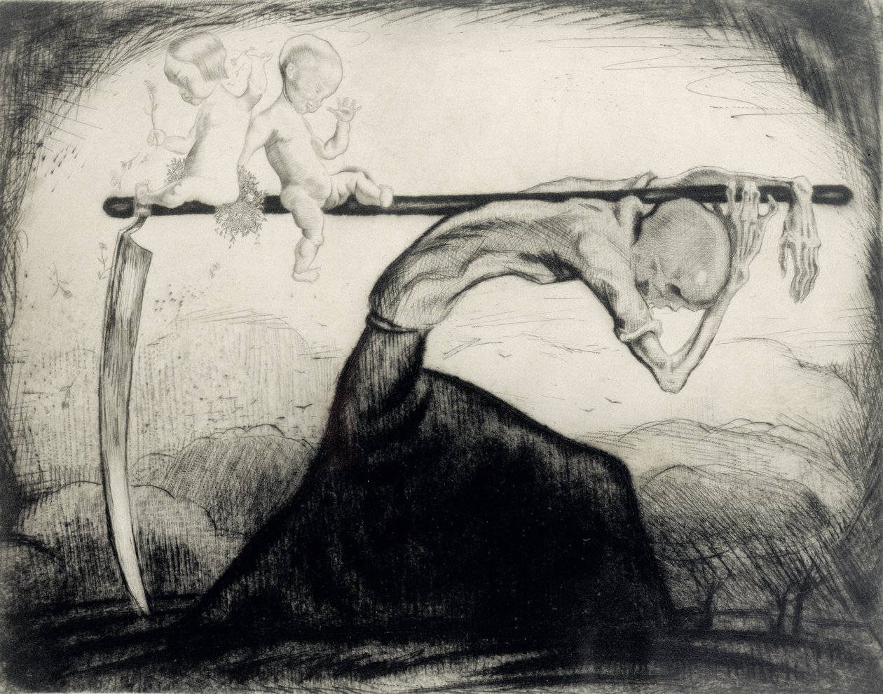 Dood met twee kinderen gedragen op zijn zeis, 1915 door Michel Fingesten