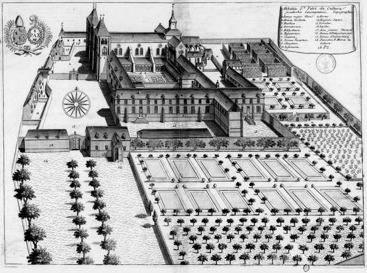 Gegraveerde plaat uit de 17e eeuw die de abdij Saint-Pierre de la Couture du Mans voorstelt door Michel Germain