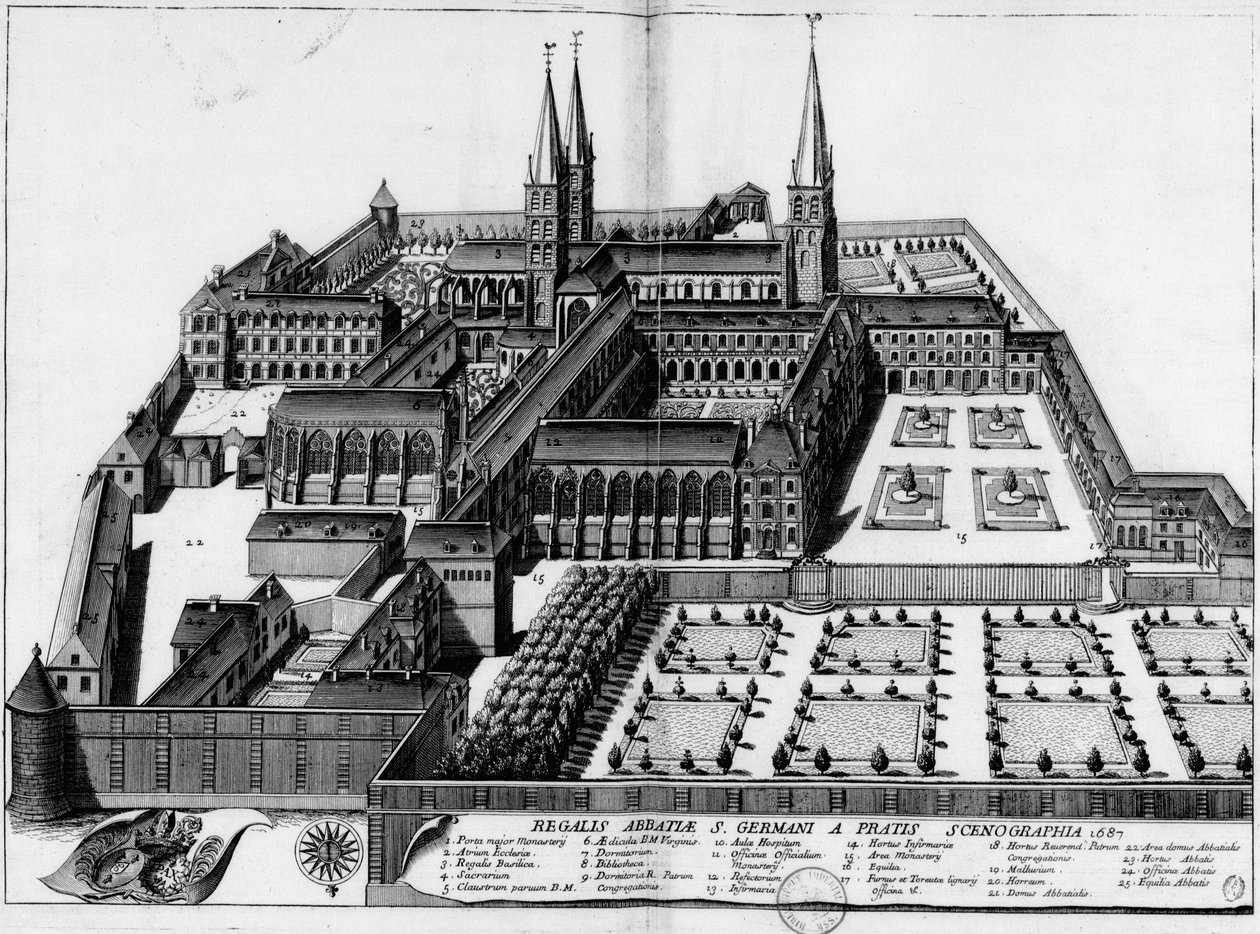 Plaat uit 1687, toont de abdij van St. Germain des Prés in Parijs door Michel Germain