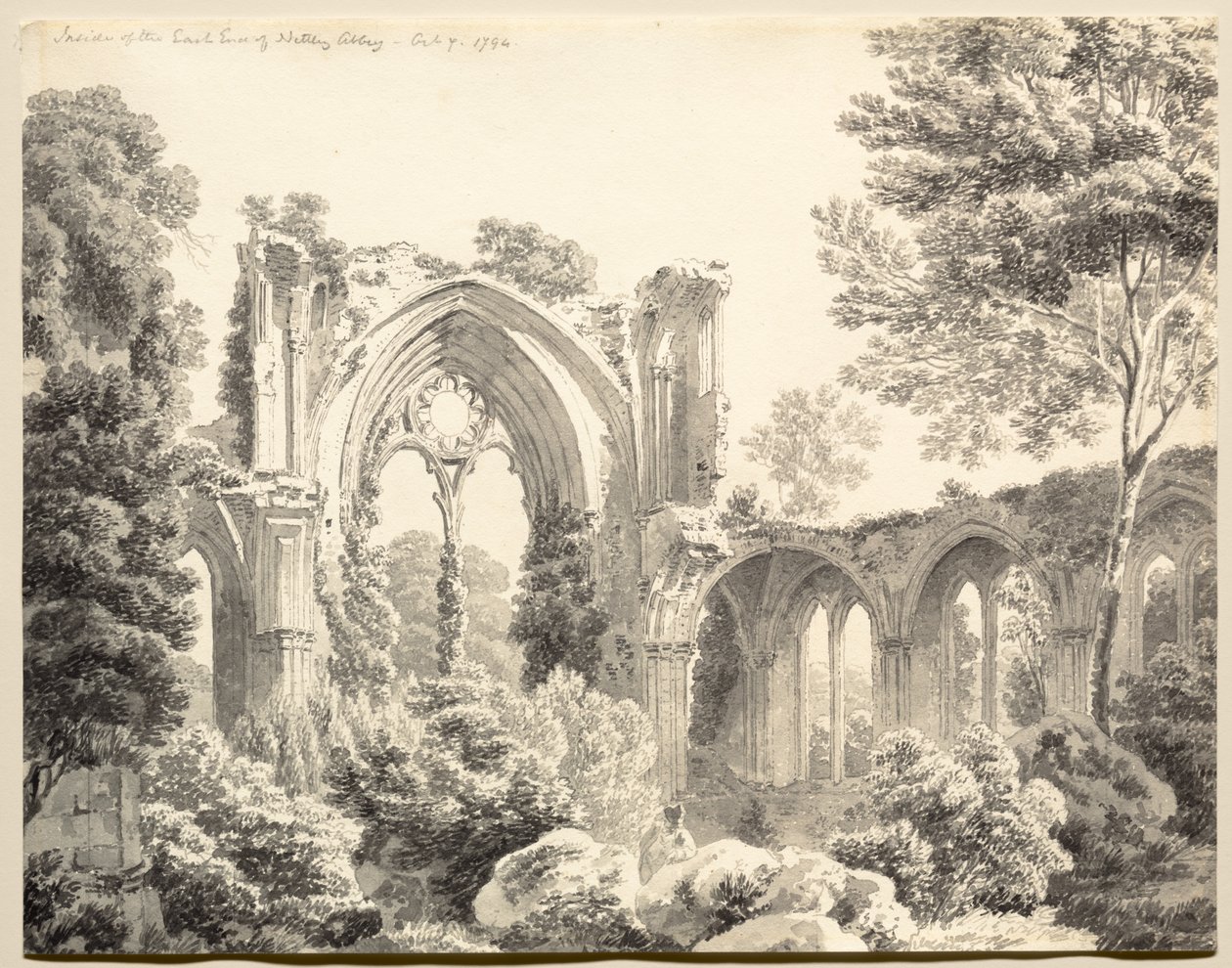 Binnenkant van de oostkant van Nettley Abbey door Michel Angelo Rooker