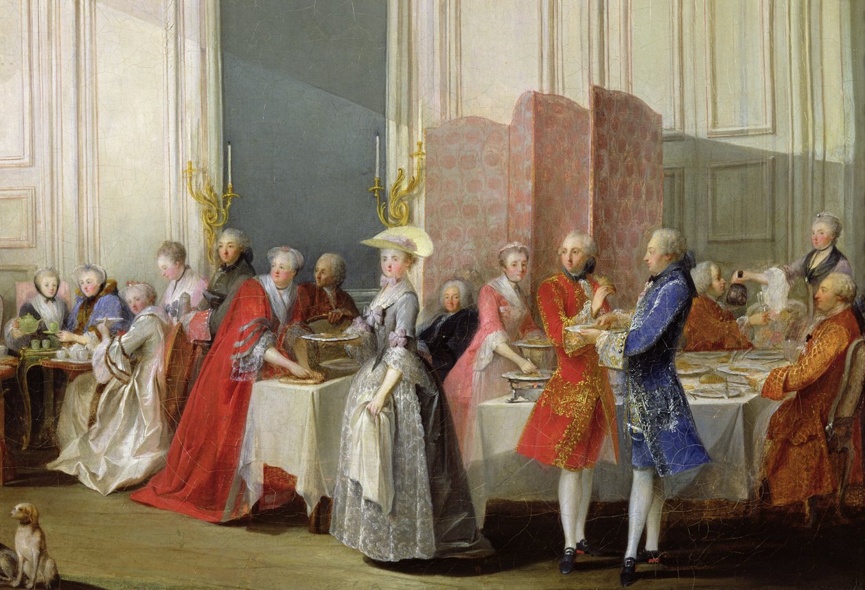 Engelse thee in de Salon des Quatre Glaces in het huis van de Prins de Conti (1717-76) Palais du Temple, detail van de gasten, 1766 door Michel Barthelemy Ollivier or Olivier