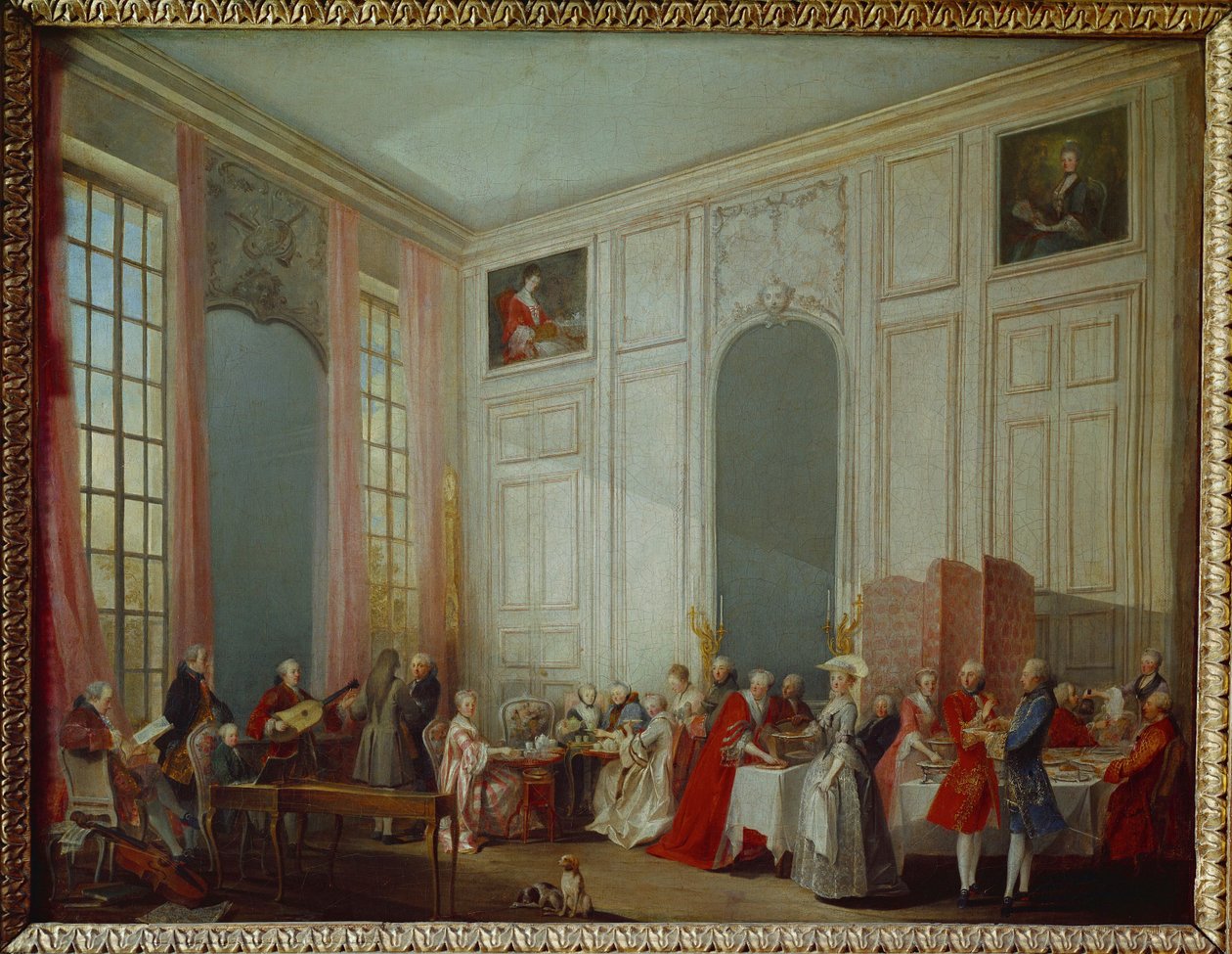 Thee in de salon van de Prins de Conti in het Palais du Temple (schilderij op doek) door Michel Barthelemy Ollivier or Olivier