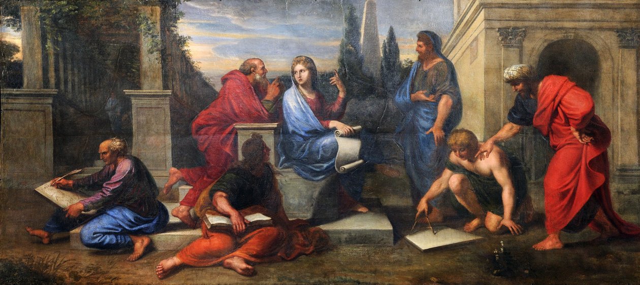 Aspasie tussen de filosofen van Griekenland in de salon van de Edelen van de Koningin door Michel Corneille