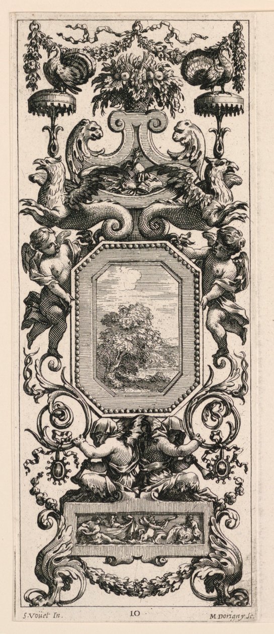 Ornamentpaneel bekroond door een mand met bloemen en een slinger, plaat 10 uit het Boek van Diverse Grotesken geschilderd in het Kabinet en de Baden van de Koningin-Regentes, in het Koninklijk Paleis door Michel Dorigny