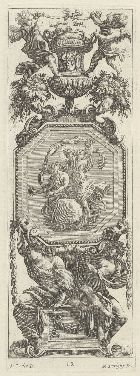 Ornamentaal Paneel Bekroond door Twee Putti en een Vaas door Michel Dorigny, after Simon Vouet