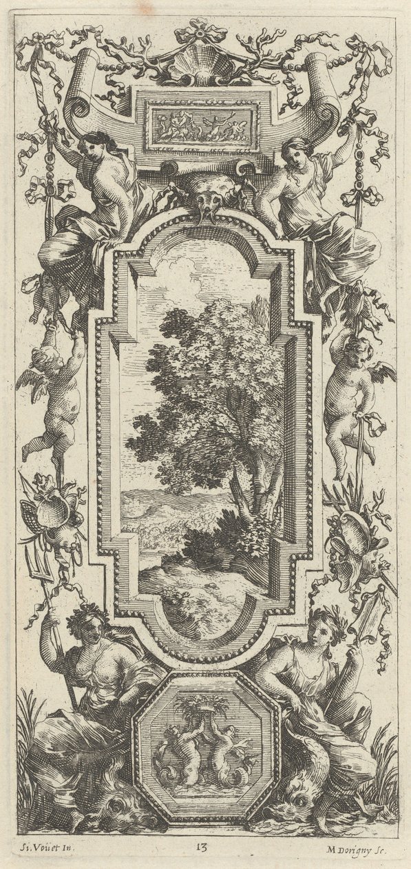 Ornamentpaneel bekroond door een maritiem tafereel en een schelp door Michel Dorigny, after Simon Vouet