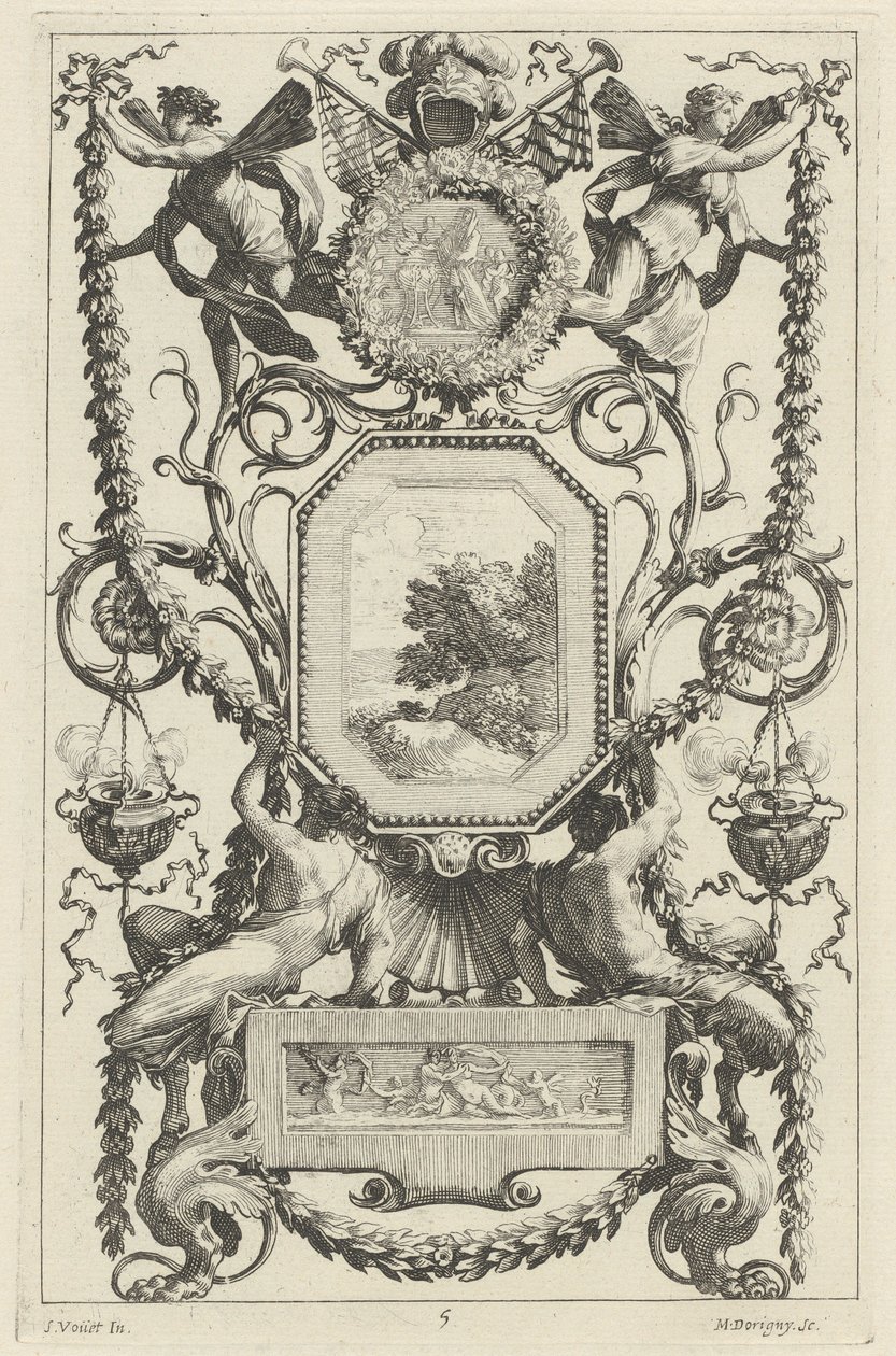 Ornamentpaneel Bekroond door een Medaillon met een Offer door Michel Dorigny, after Simon Vouet
