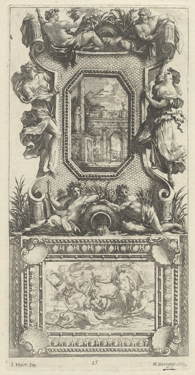 Ornamentpaneel bekroond door een najade en een riviergod door Michel Dorigny, after Simon Vouet