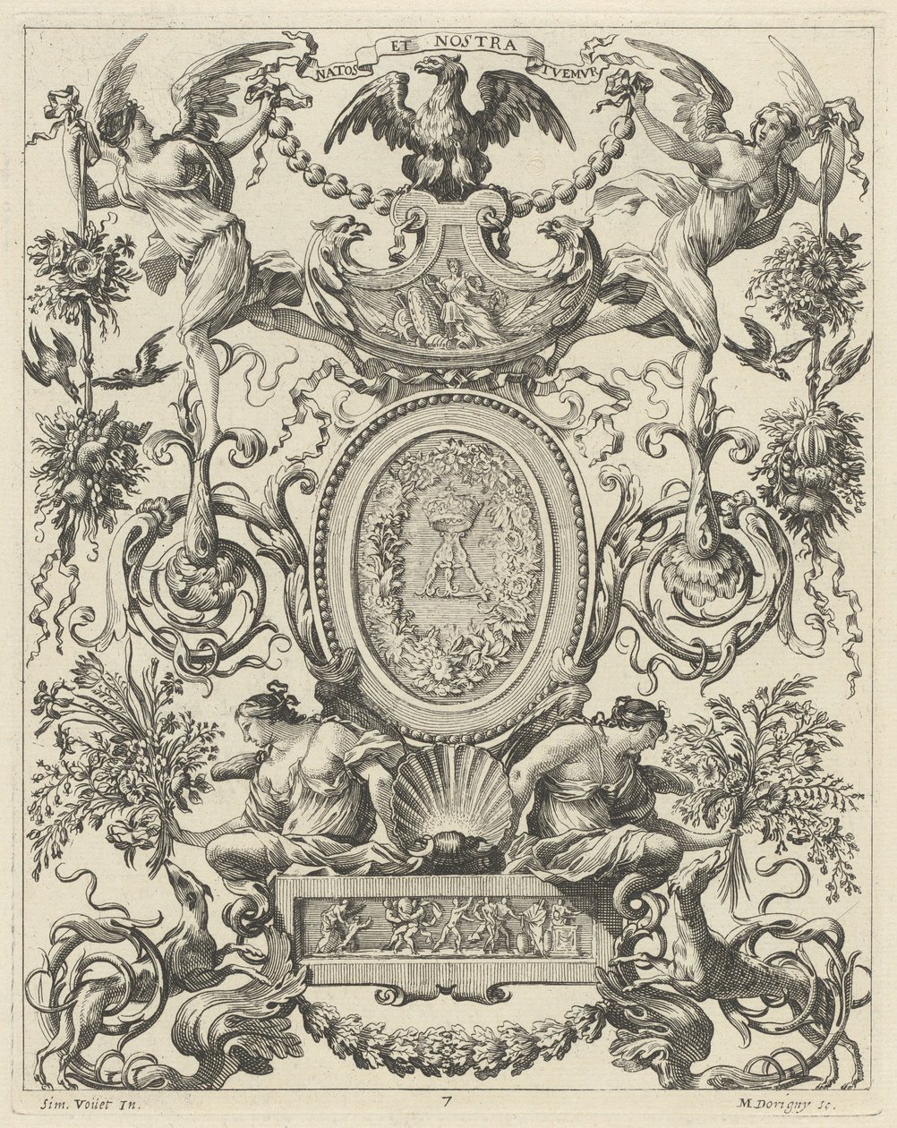 Ornamentaal paneel bekroond door een adelaar en het motto NATOS ET NOSTRA TUEMUR door Michel Dorigny, after Simon Vouet