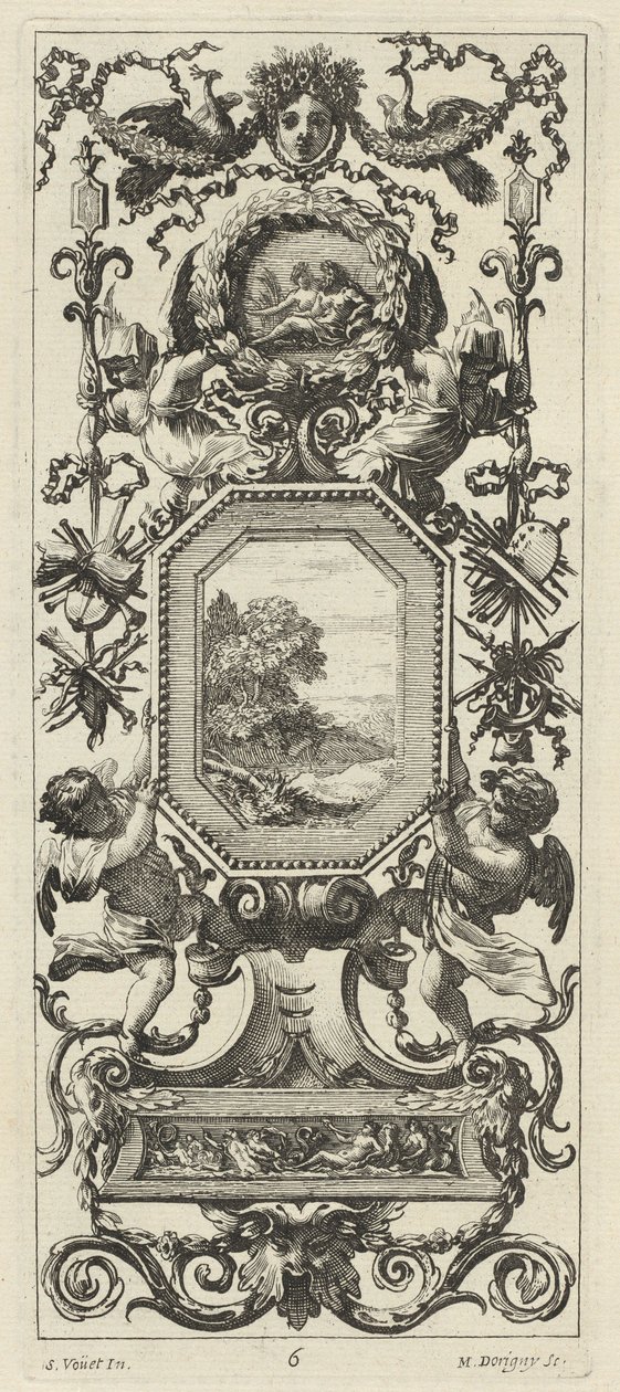 Sierpaneel bekroond door het gekroonde hoofd van een vrouw en twee pauwen door Michel Dorigny, after Simon Vouet