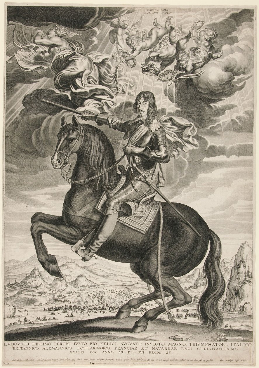 Ruiterportret van Lodewijk XIII (Bourbon) (1601-1603) op 33-jarige leeftijd. Het landschap is naar Callot door Michel Lasne