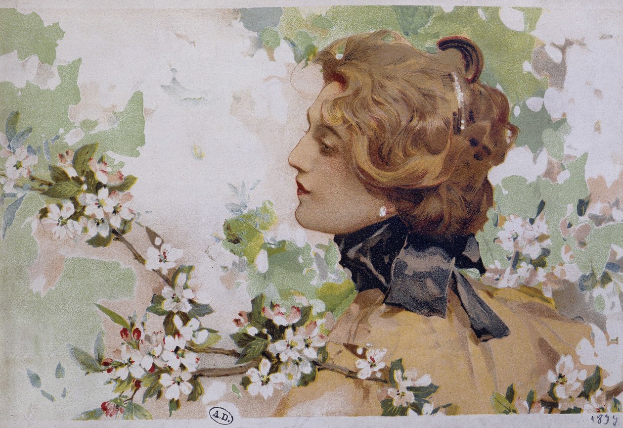Vrouw tussen de bloemen - chromo. door Simondy door Michel Simonidy