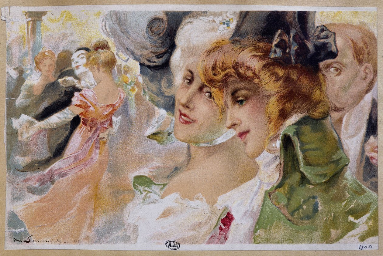 Vrouwen op een gemaskerd bal - chromo. door Simonidy door Michel Simonidy