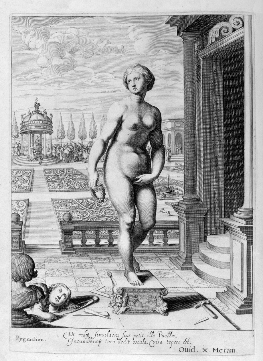 Pygmalion is verliefd op een standbeeld dat hij heeft gemaakt, 1655 door Michel de Marolles
