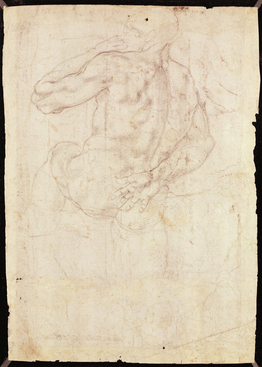 Tekening van een staande mannelijke figuur door Michelangelo Buonarroti