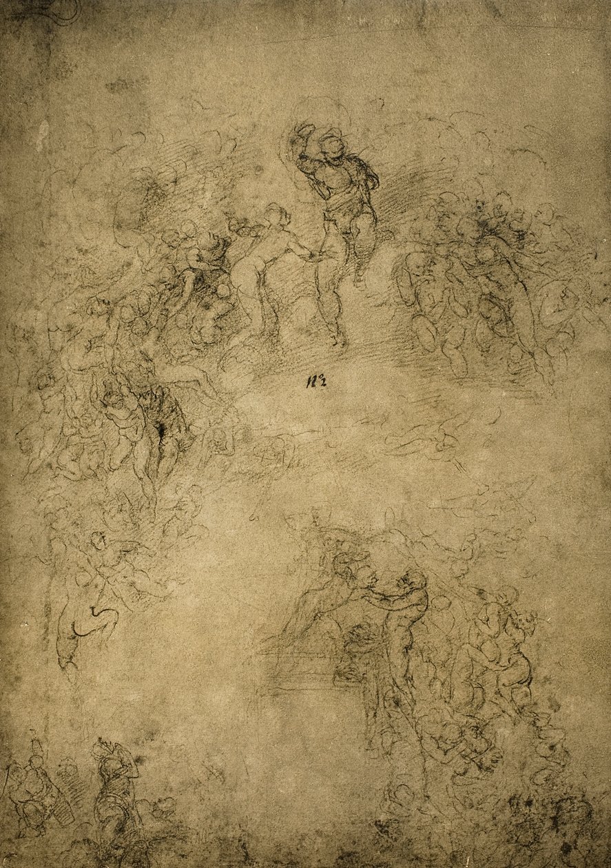 Voorbereidende schets voor het Laatste Oordeel in de Sixtijnse Kapel; tekening door Michelangelo door Michelangelo Buonarroti