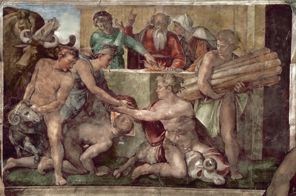 Sixtijnse Kapel Plafond: Het offer van Noach (voor restauratie) door Michelangelo Buonarroti
