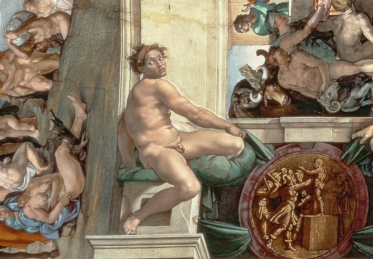 Plafond van de Sixtijnse Kapel (1508-12) detail van een van de ignudi (detail) door Michelangelo Buonarroti