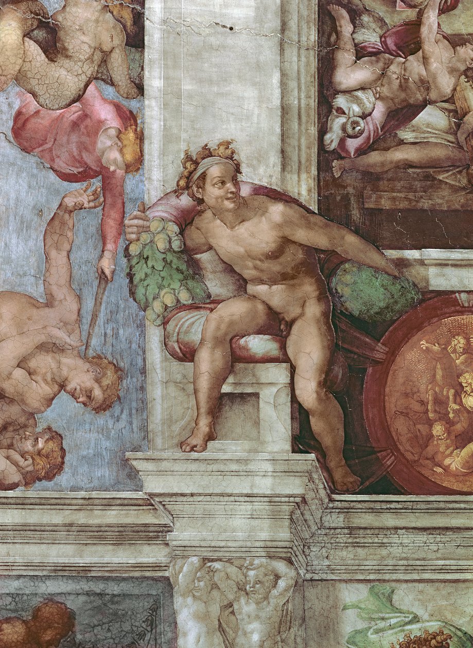 Sixtijnse Kapel Plafond: Verdrijving van Adam en Eva uit de Hof van Eden (voor restauratie) door Michelangelo Buonarroti