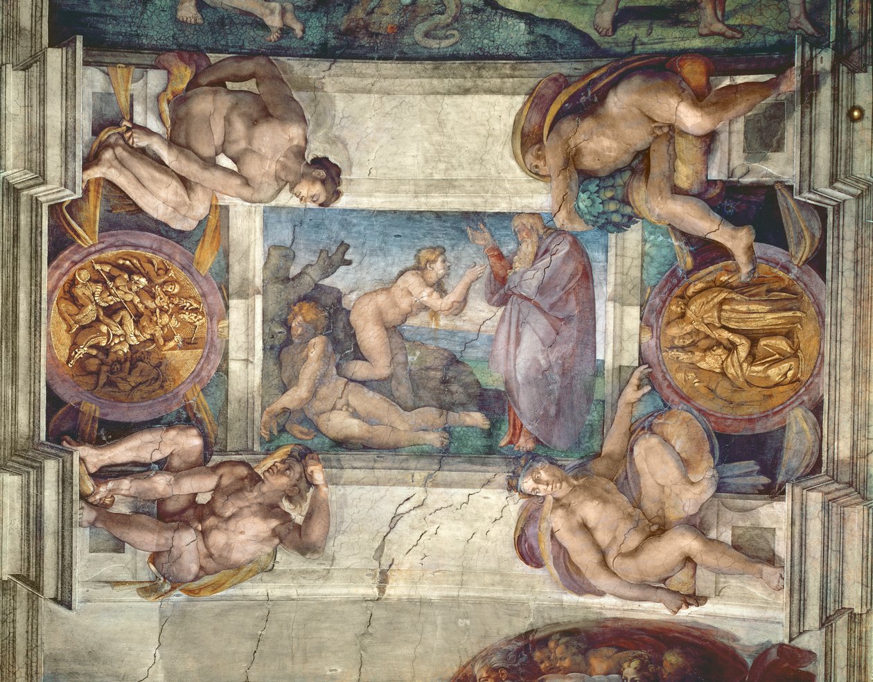 Sixtijnse Kapel Plafond: Schepping van Eva, met vier Ignudi, 1510 (voor restauratie) door Michelangelo Buonarroti