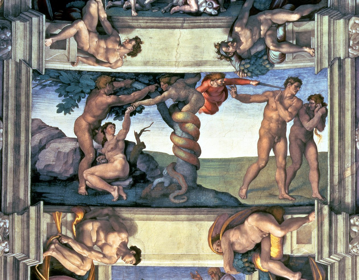 Plafond van de Sixtijnse Kapel: De Val van de Mens en de Verdrijving uit de Hof van Eden, met vier Ignudi, 1510 (na restauratie) door Michelangelo Buonarroti