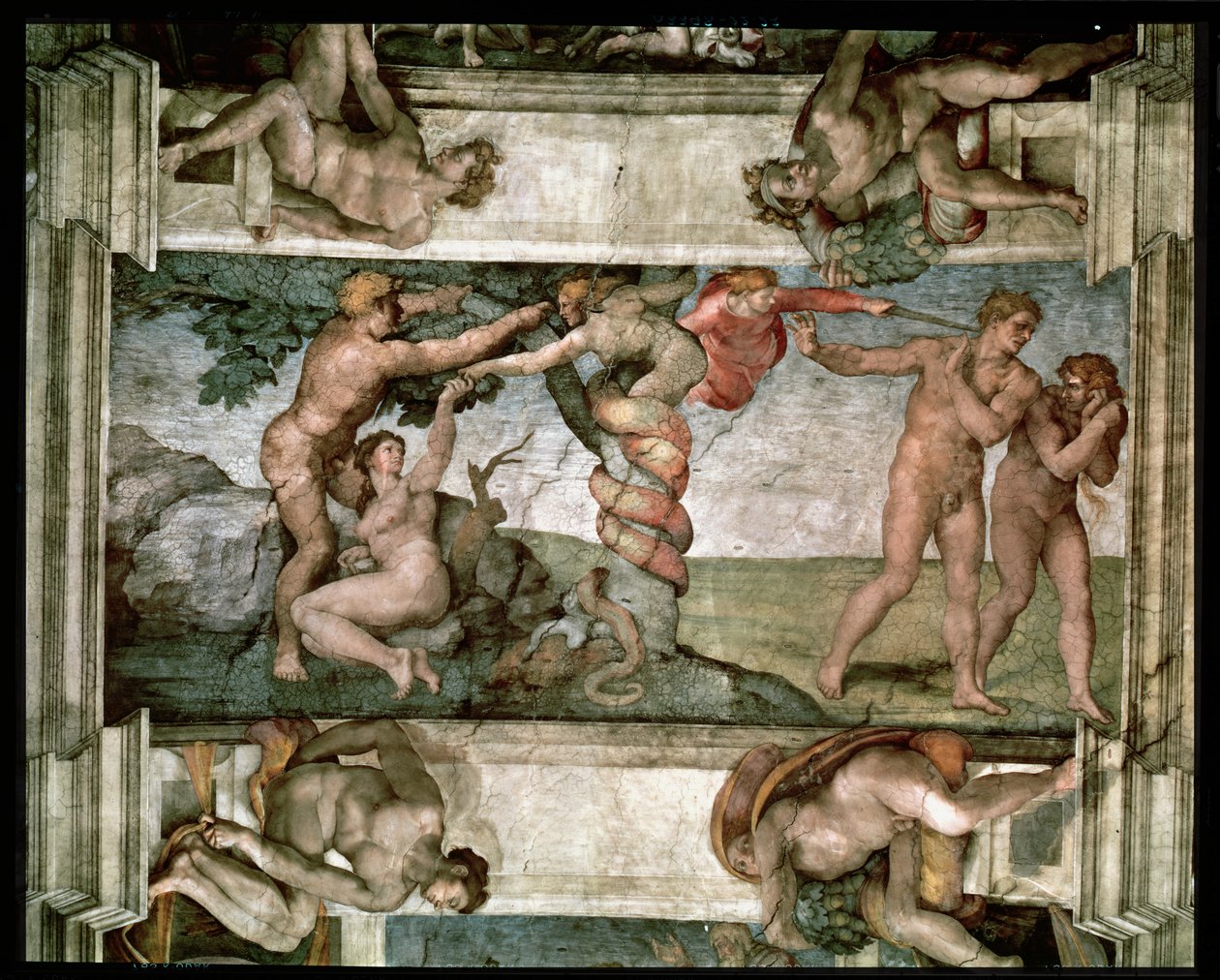 Sixtijnse Kapel Plafond: De Val van de Mens en de Verdrijving uit de Hof van Eden, met vier Ignudi, 1510 (voor restauratie) door Michelangelo Buonarroti