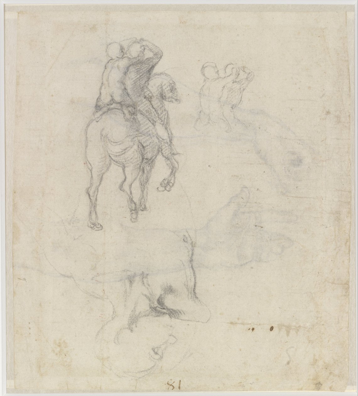 Studies van een paard met twee naakte ruiters en een mannelijk torso door Michelangelo Buonarroti