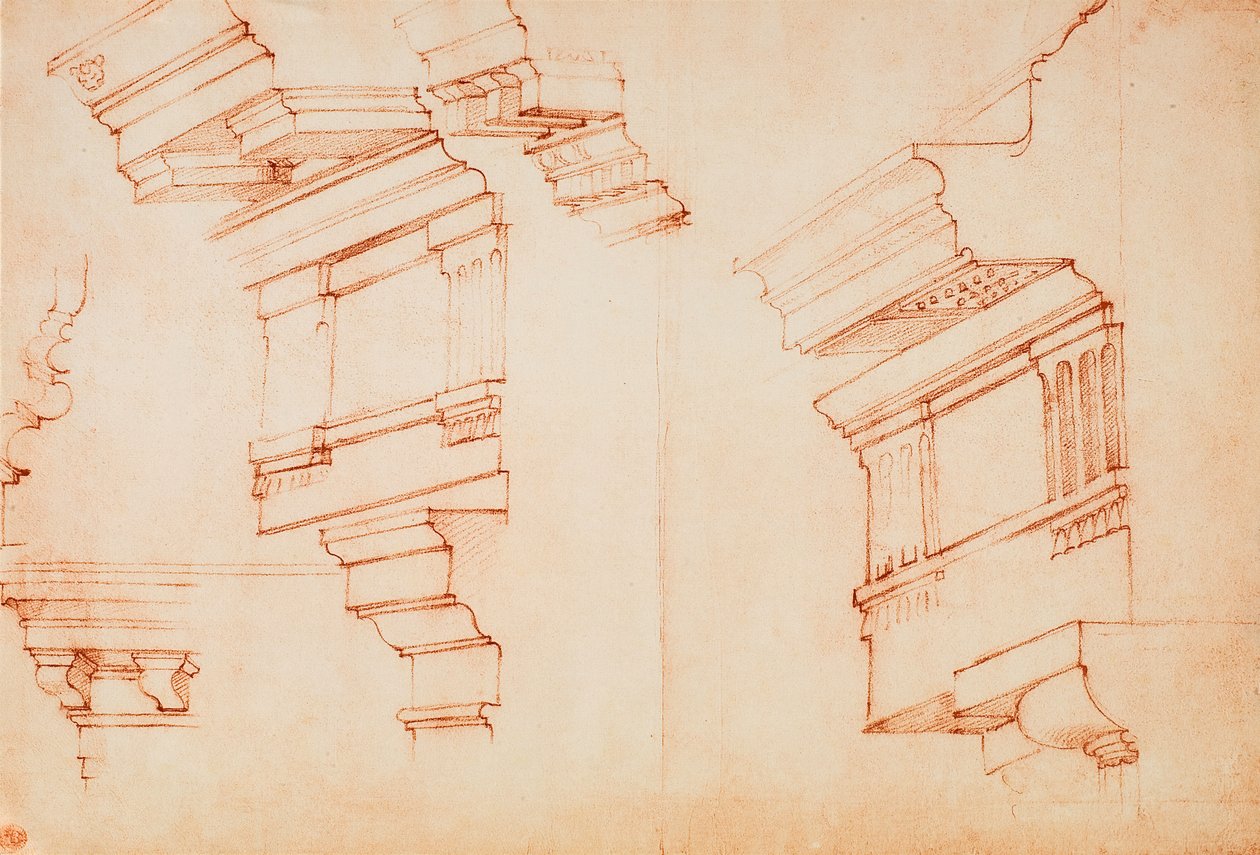 Studie voor entablement en kroonlijst; tekening door Michelangelo door Michelangelo Buonarroti