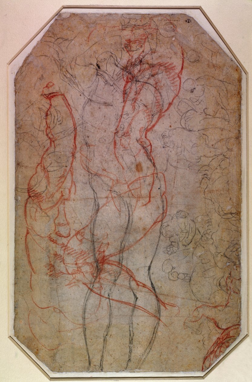 Studie van figuren en de schepping van Adam (potlood en rood krijt op papier) (verso) door Michelangelo Buonarroti