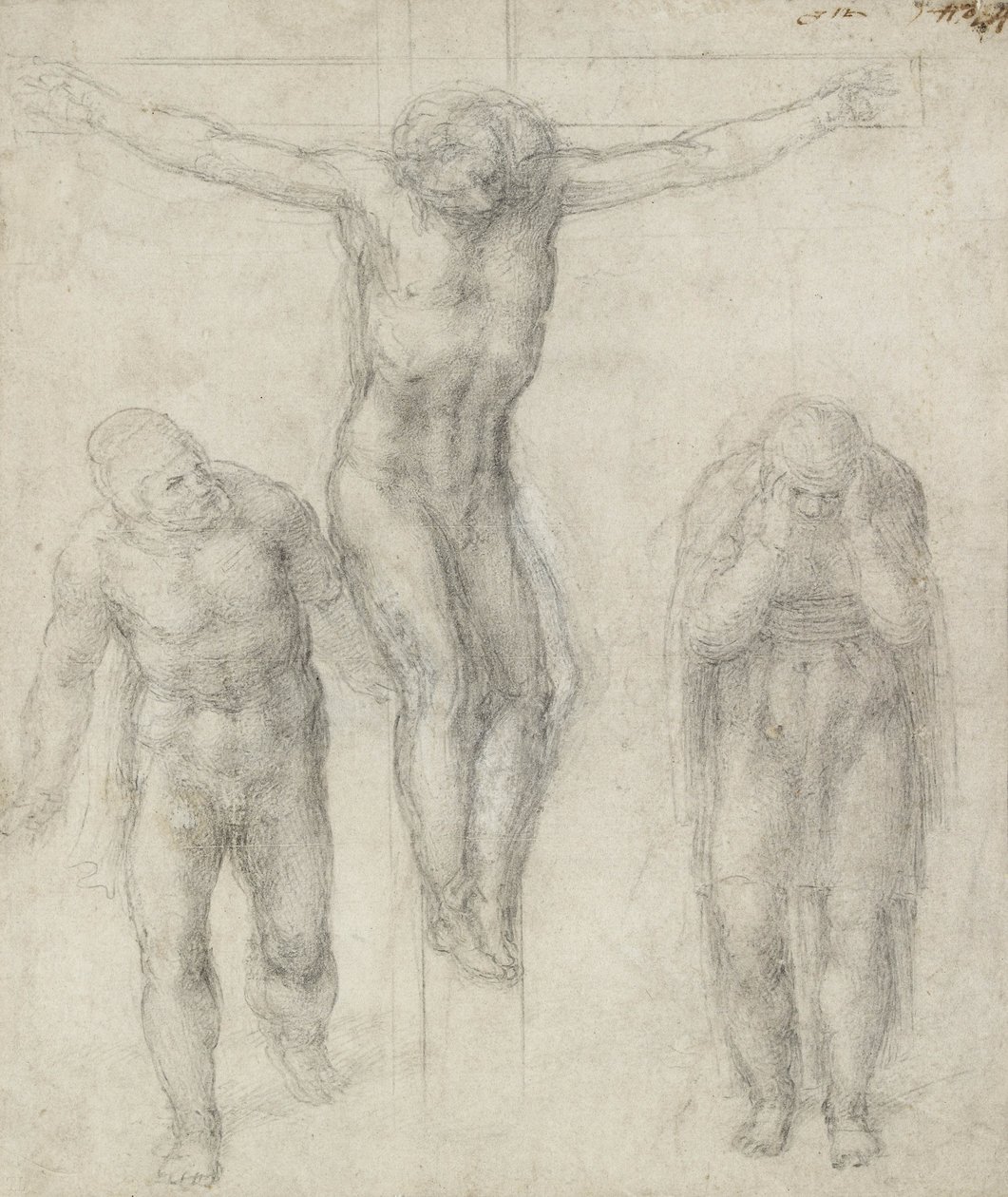 Studie van een gekruisigde Christus en twee figuren door Michelangelo Buonarroti