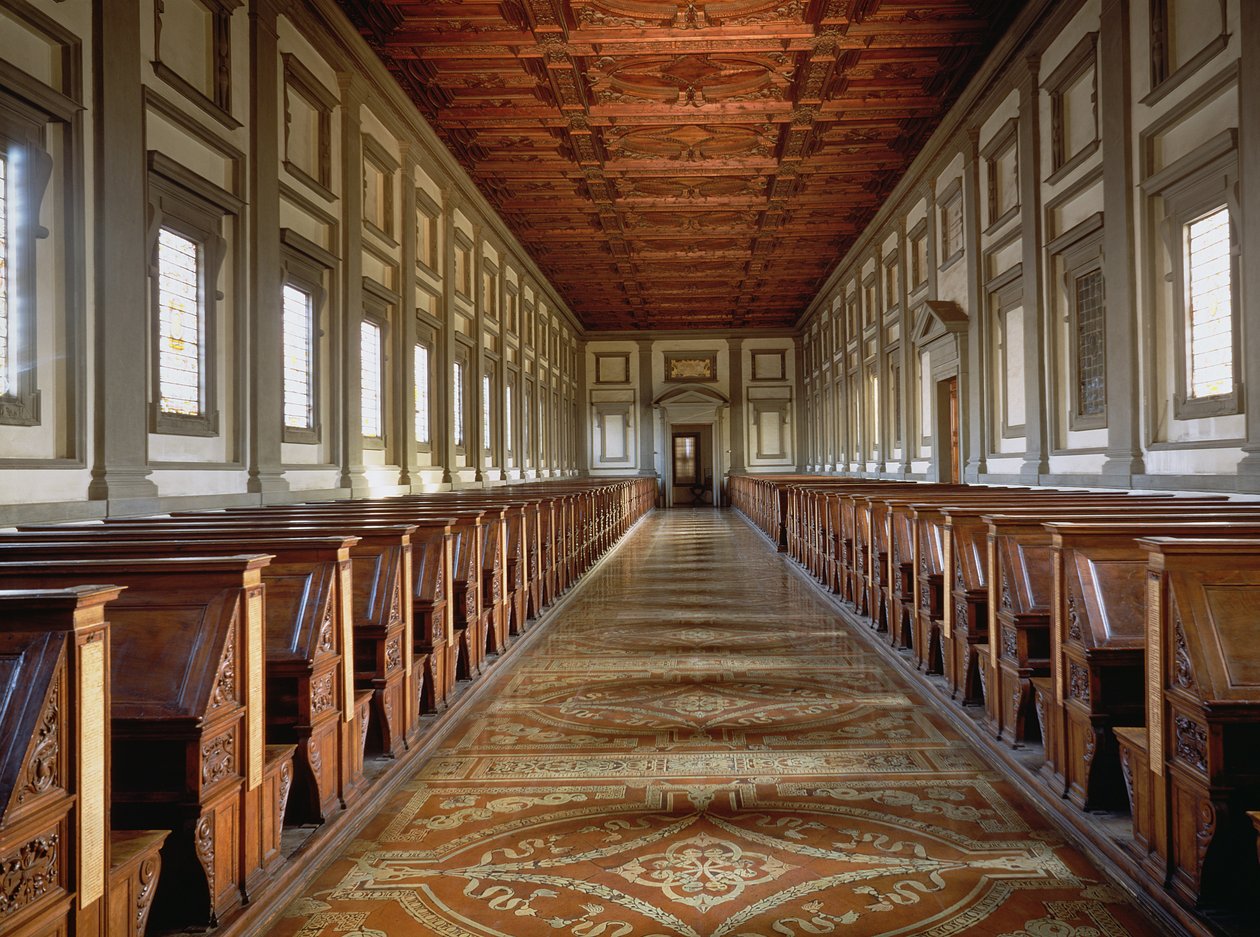 De leeszaal van de Laurentiaanse Bibliotheek, ontworpen door Michelangelo Buonarroti, 1534 door Michelangelo Buonarroti