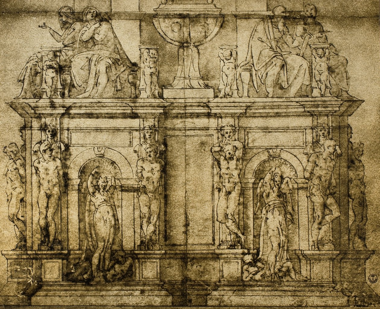 Het graf van paus Julius II, voorbereidende tekening door Michelangelo door Michelangelo Buonarroti