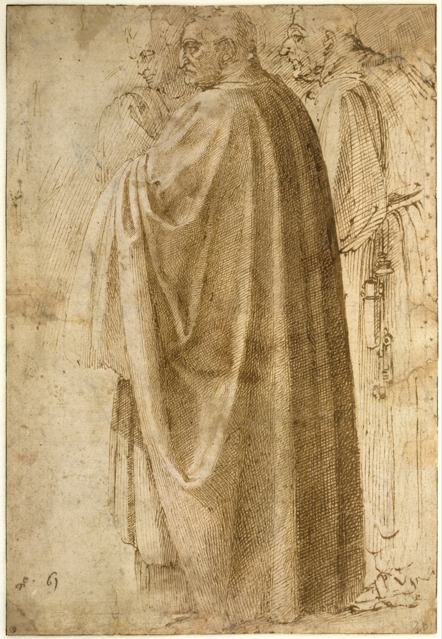 Drie staande mannen in wijde mantels door Michelangelo Buonarroti