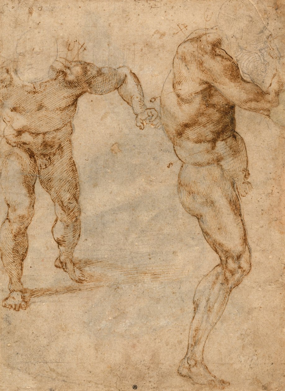 Twee naakte studies van een man die naar voren stormt en een ander die naar rechts draait (verso), c. 1504 door Michelangelo Buonarroti
