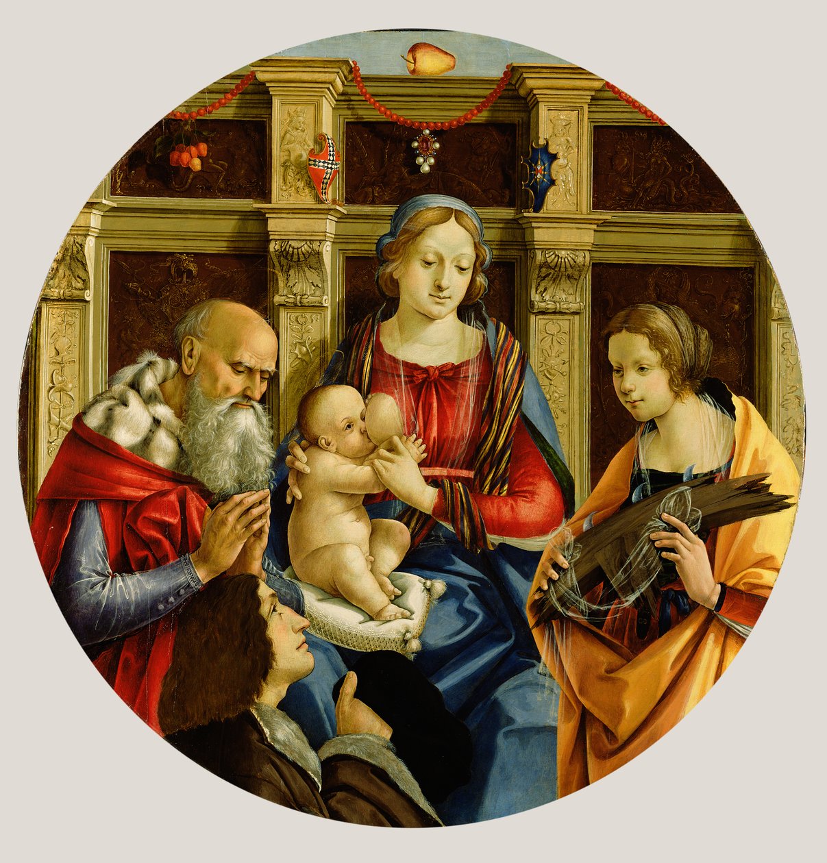 Madonna en Kind met een Mannelijke Heilige, Catharina van Alexandrië en een Donateur door Michelangelo di Pietro Membrini