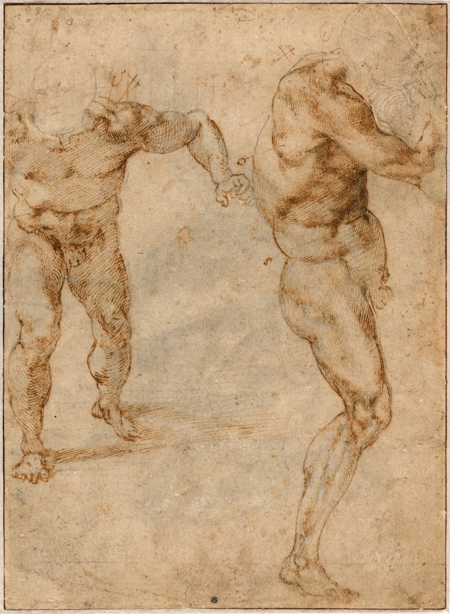 Twee naaktstudies van een man die naar voren stormt en een man die naar rechts draait door Michelangelo