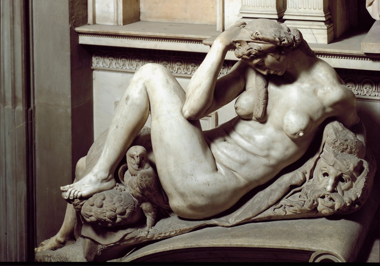 Allegorie van de nacht. Mausoleum van Giuliano de Medici. Marmeren sculptuur door Michelangelo Buonarroti