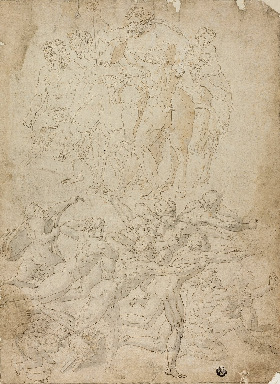 Boogschutters schieten op een Herm, Triomf van Bacchus en andere studies door Michelangelo Buonarroti