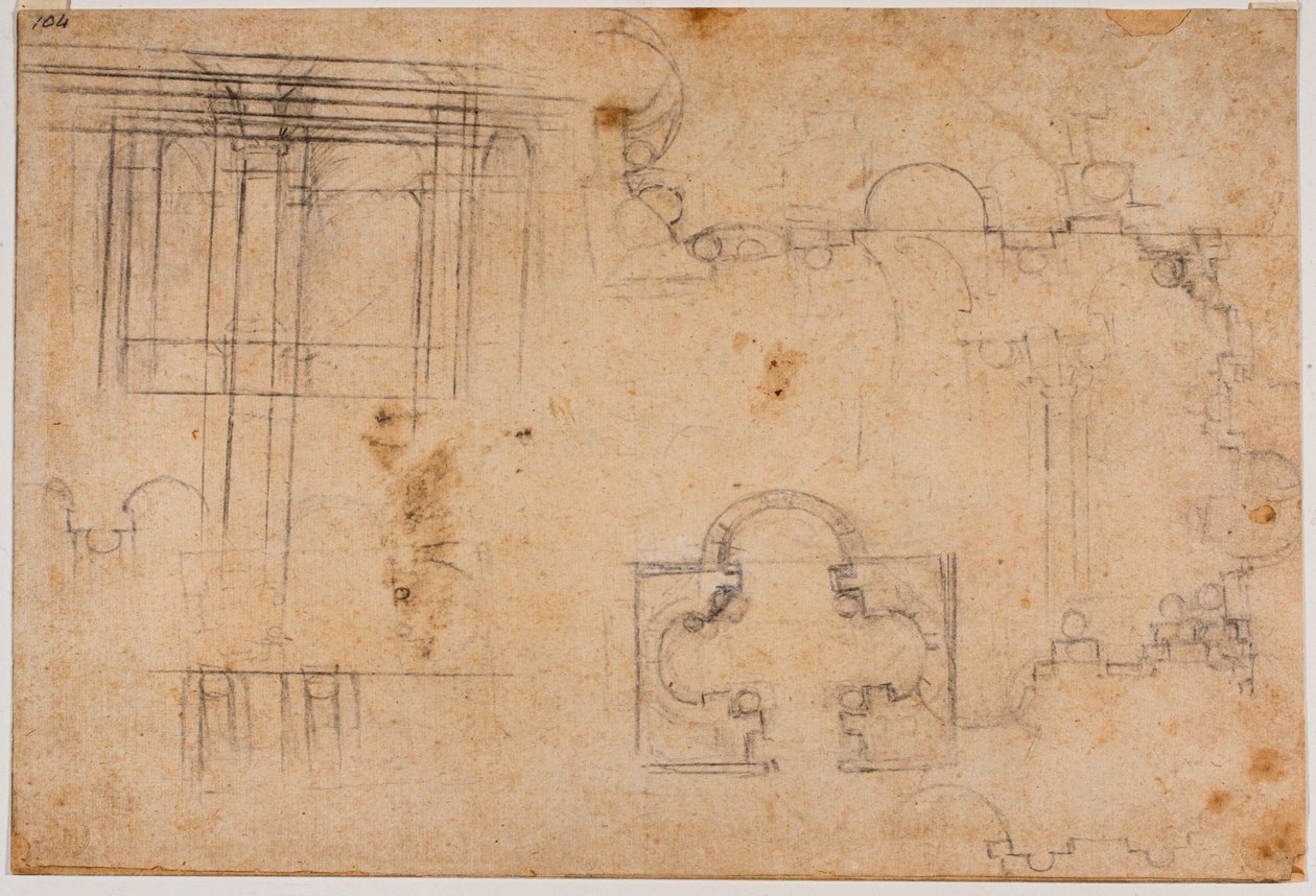 Plattegrond en architectonische verhogingen van de Sforza-kapel door Michelangelo Buonarroti
