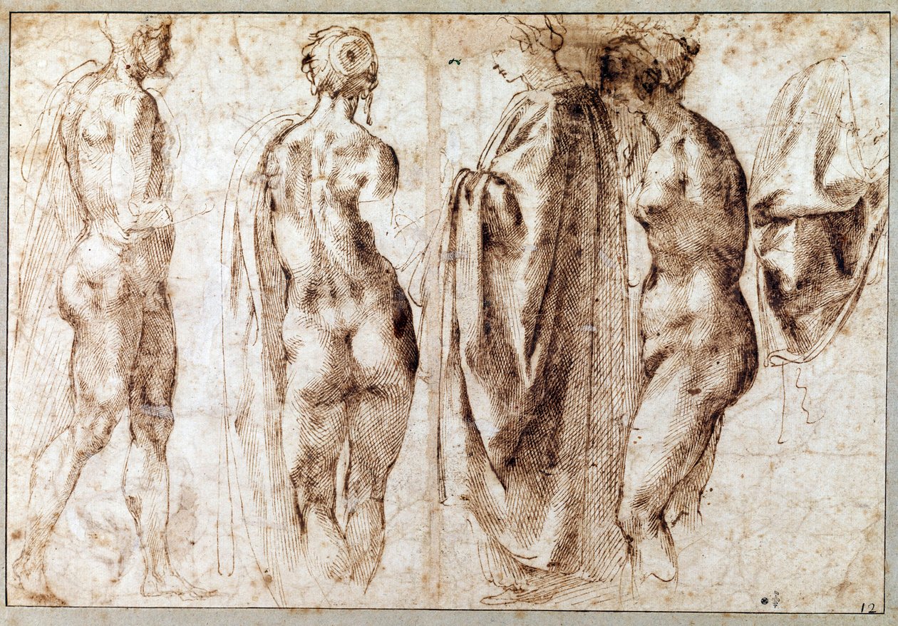 Groep van vier staande figuren en een draperie door Michelangelo Buonarroti