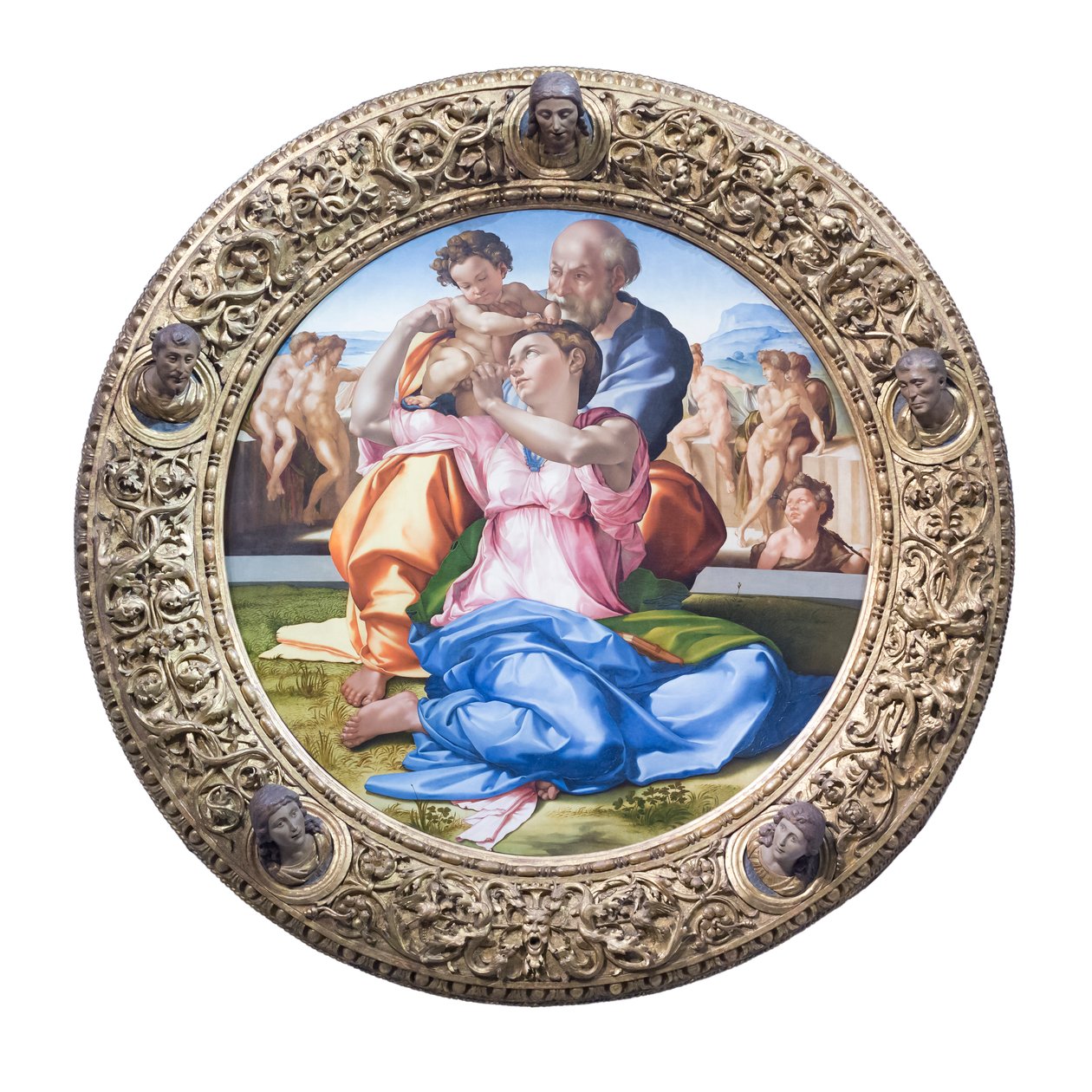 Heilige familie met de jonge Sint Johannes de Doper, bekend als "Doni tondo" door Michelangelo Buonarroti