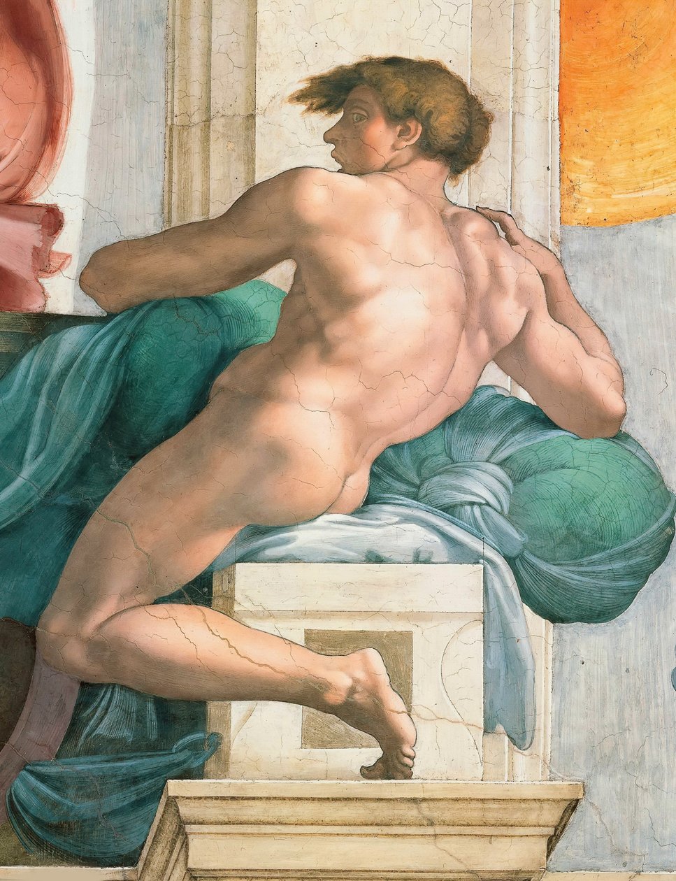 Ignudo Sixtijnse Kapel plafond in het Vaticaan, 1508-1512 door Michelangelo Buonarroti