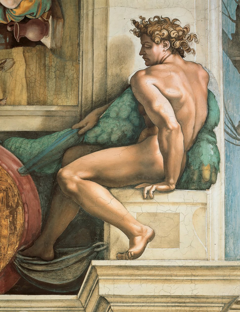 Ignudo Sixtijnse Kapel plafond in het Vaticaan, 1508-1512 door Michelangelo Buonarroti