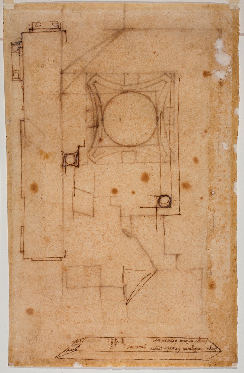 Sectie van kapiteel, gevelplan en schetsen met handgeschreven notities van afmetingen door Michelangelo Buonarroti