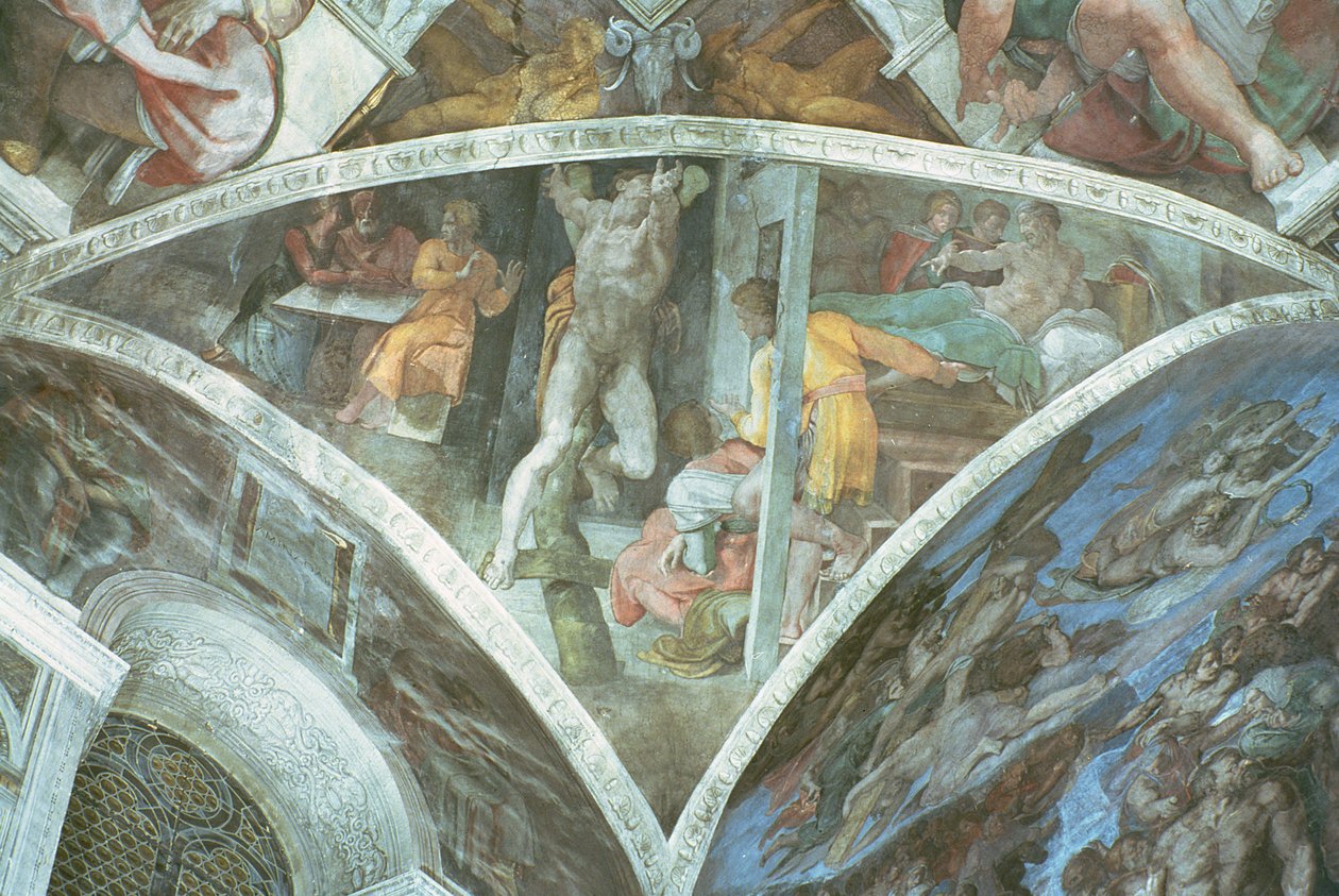 Sixtijnse Kapel Plafond: Haman (spandrel) (voor restauratie) door Michelangelo Buonarroti