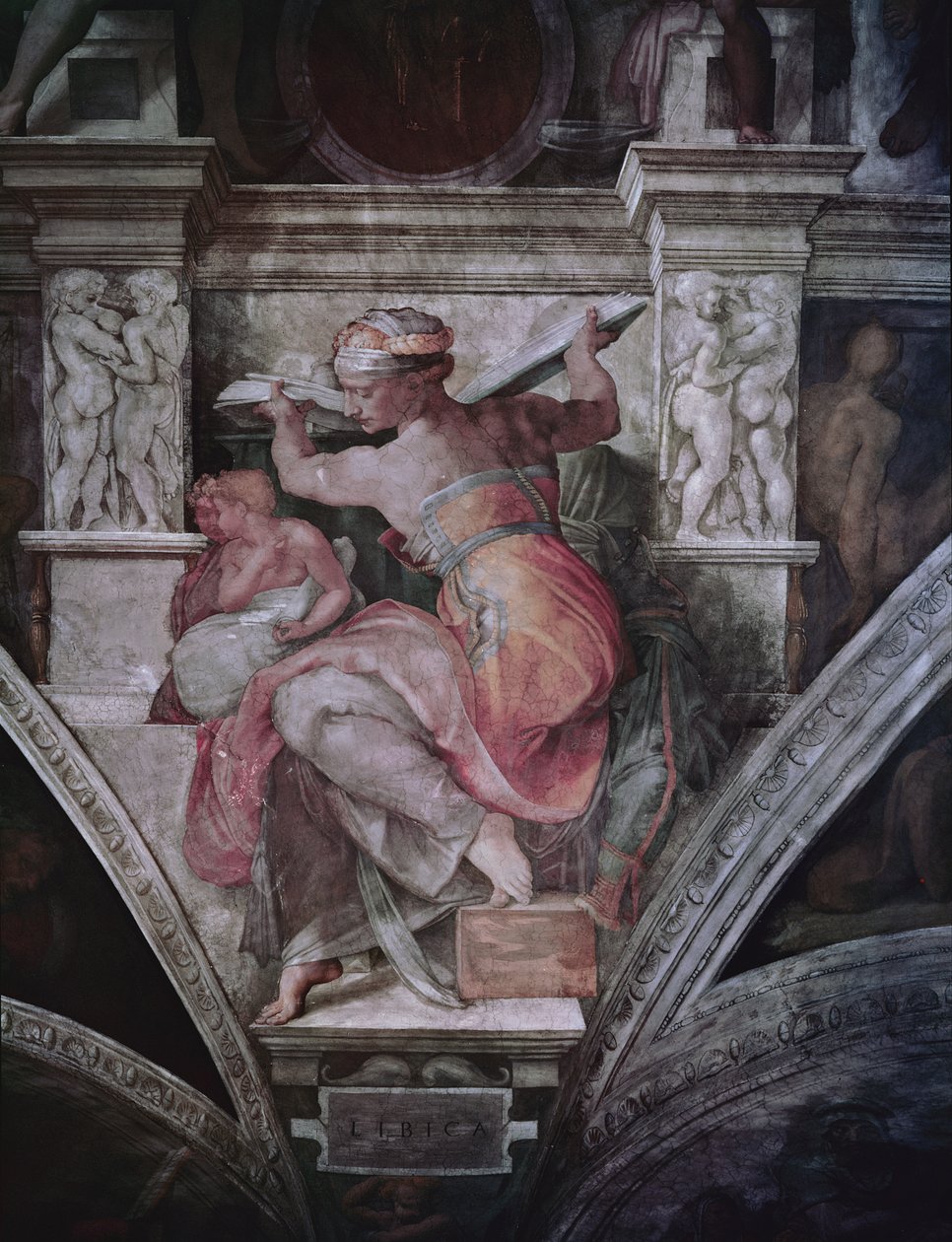 Sixtijnse Kapel Plafond: Libische Sibylle (voor restauratie) door Michelangelo Buonarroti