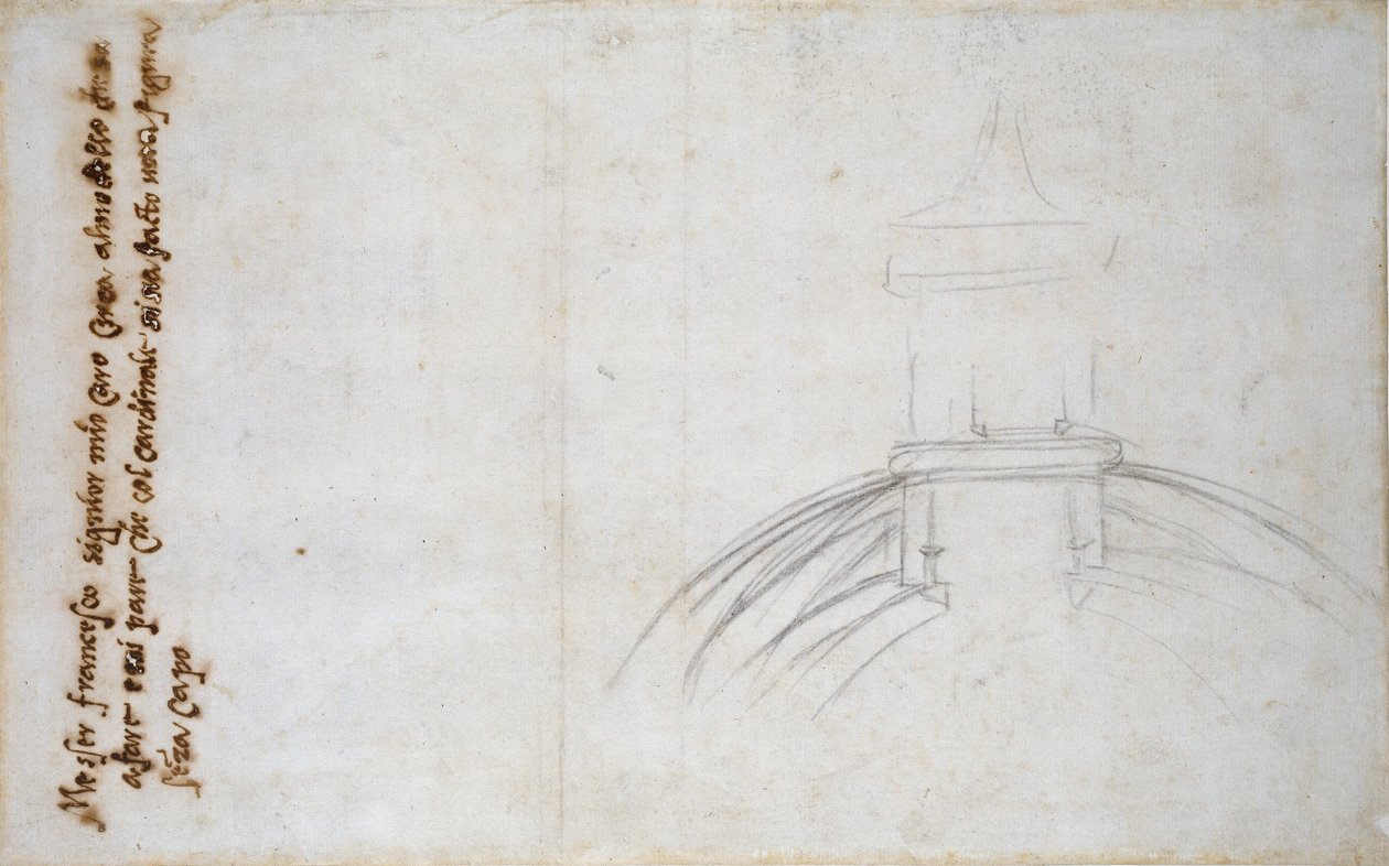 Schets van de verbinding van de lantaarn en koepel, en andere studies voor St. Pieter, ca. 1490-1560 door Michelangelo Buonarroti