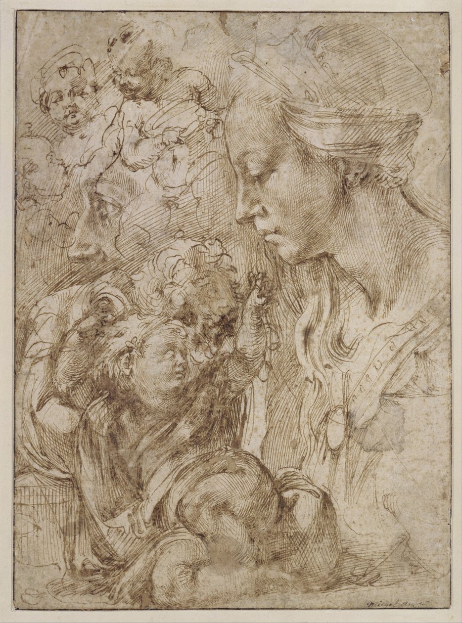 Studies voor een Heilige Familie met Johannes de Doper als kind door Michelangelo Buonarroti